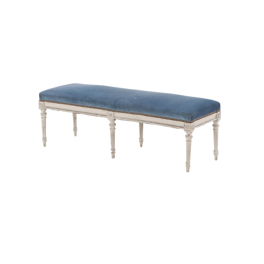 FRENCH SIX LEG PAINTED LOUIS XVI STYLE UPHOLSTERED BENCH C 1940. (1 of 5)