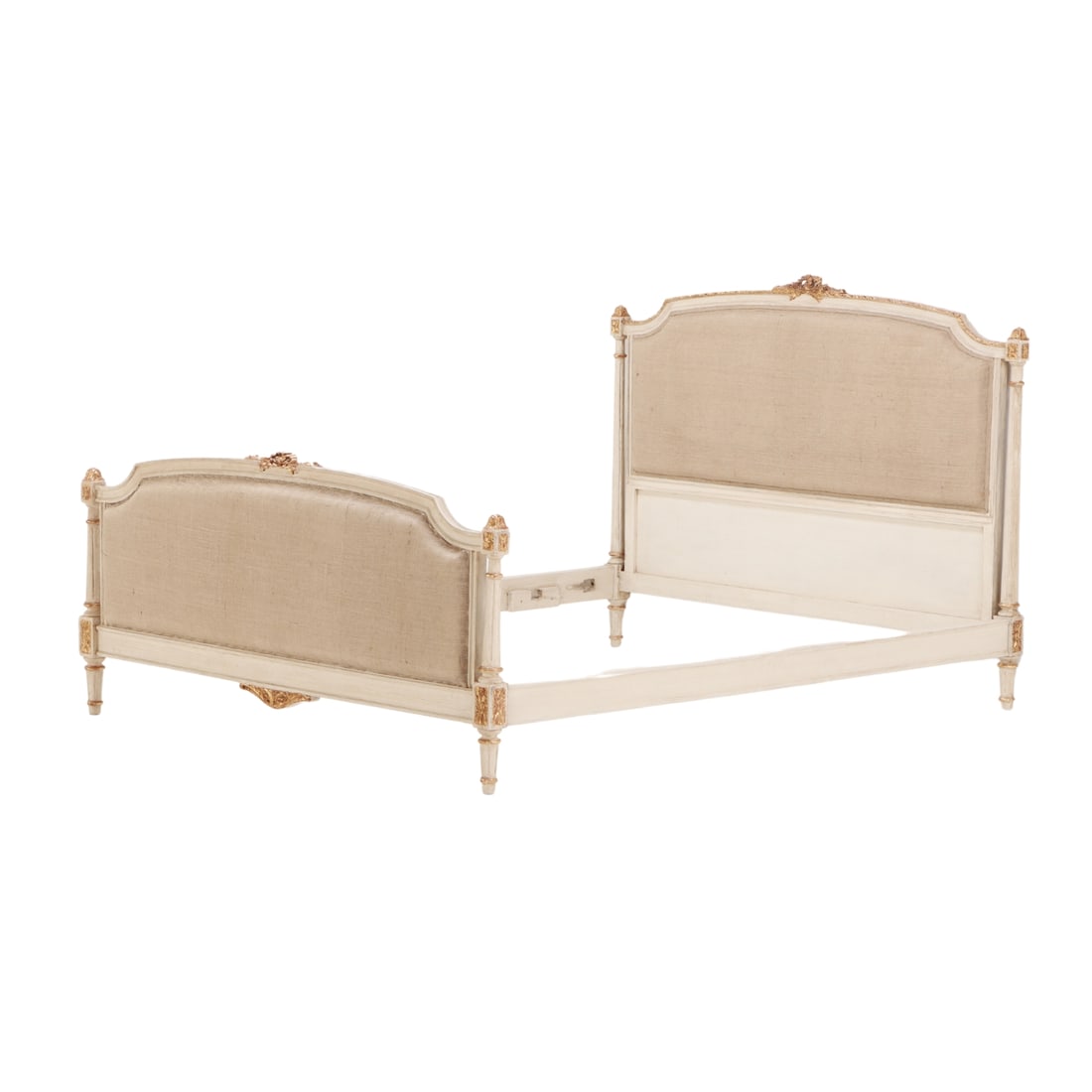 PAINTED AND GILT LOUIS XVI STYLE FULL SIZE BED WITH NEW FABRIC C 1950. (1 of 7)