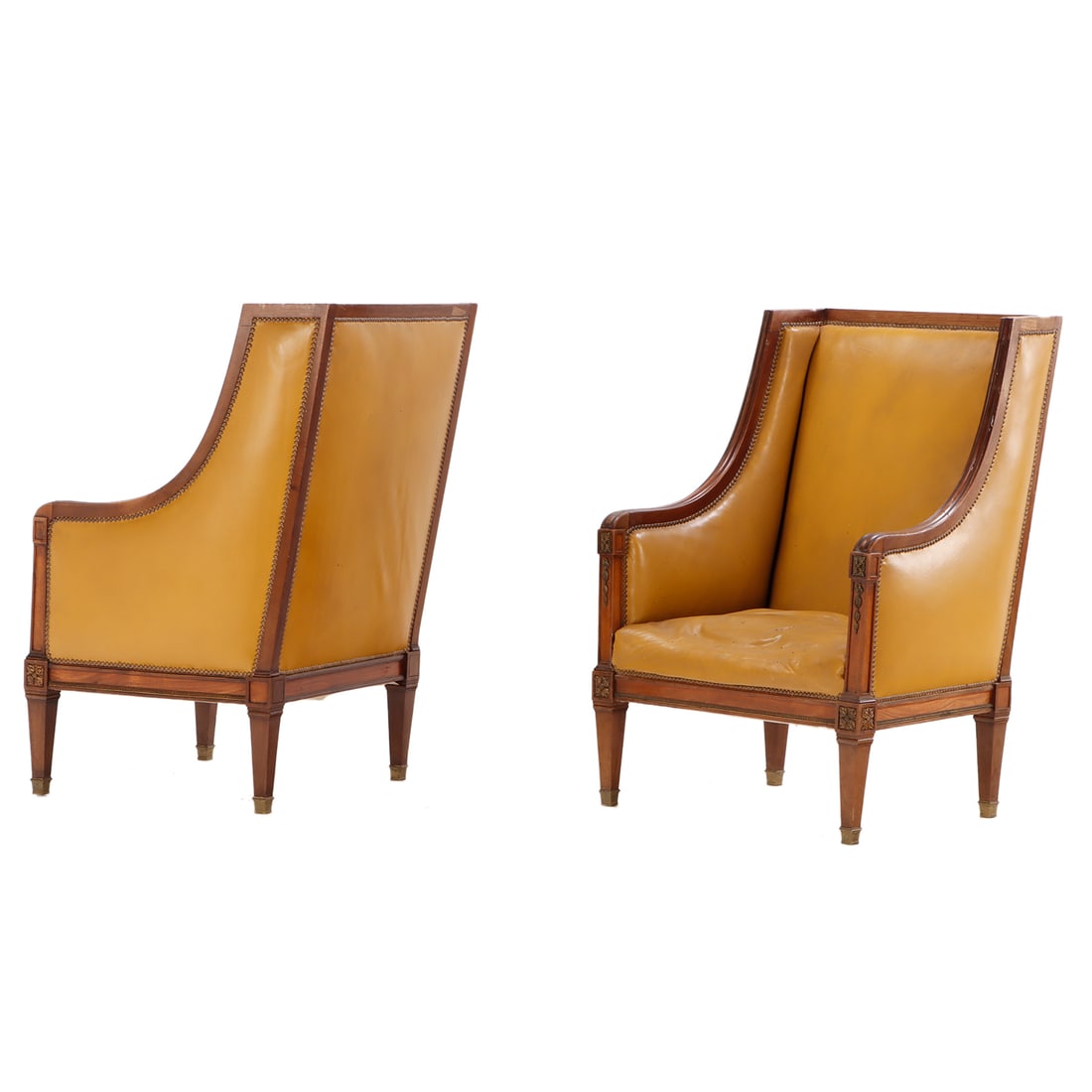 PAIR FRENCH WALNUT LOUIS XIV STYLE BERGERE CHAIRS OF UNUSUAL FORM C 1910.: Pair French walnut Louis XIV style bergere chairs of unusual form C 1910. Ht: 44.5" Wd: 30" Dpth: 29" Seat: 18"