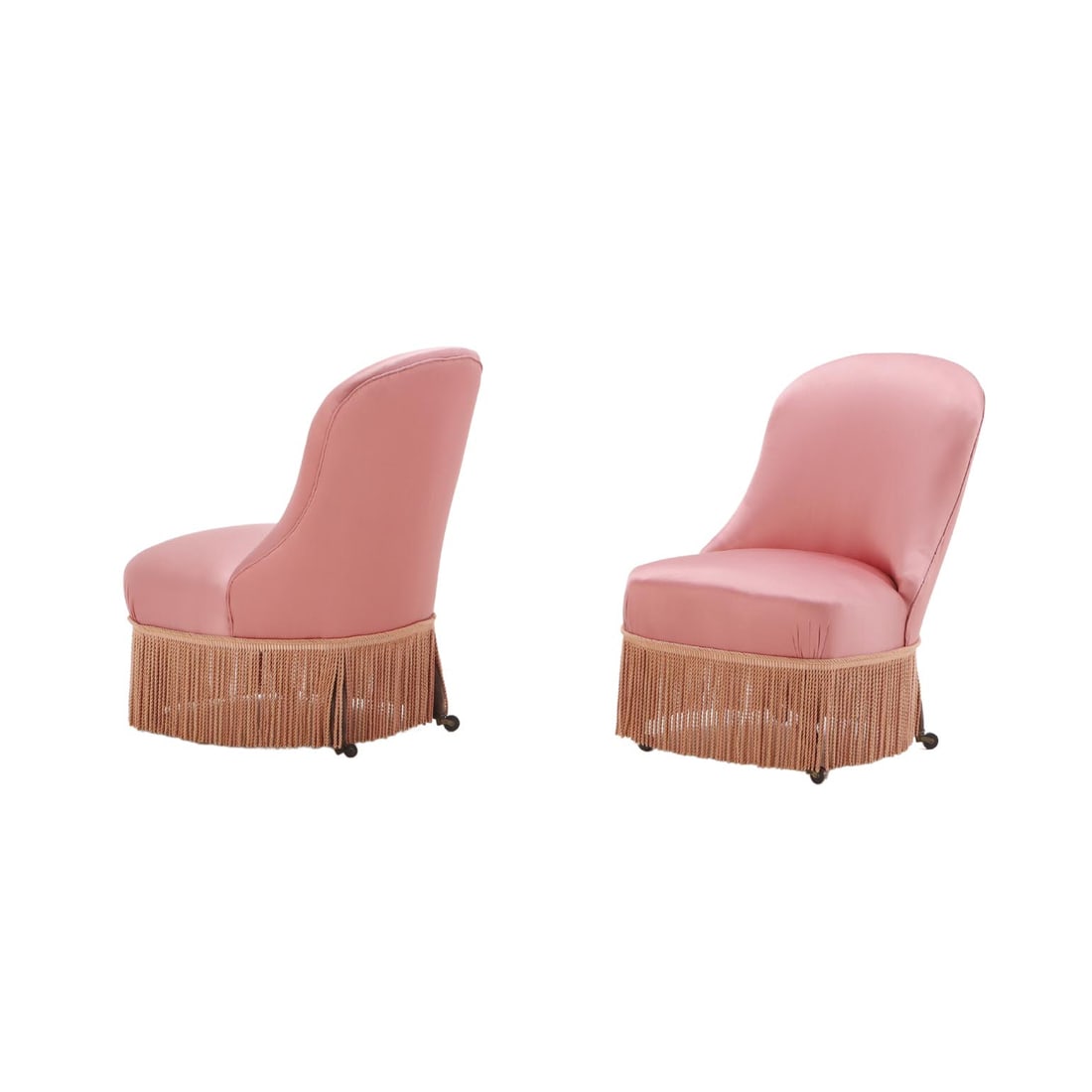 PAIR OF FRENCH NAPOLEON III SLIPPER CHAIRS WITH FRINGE DECORATION AND TURNED FEET. (1 of 7)