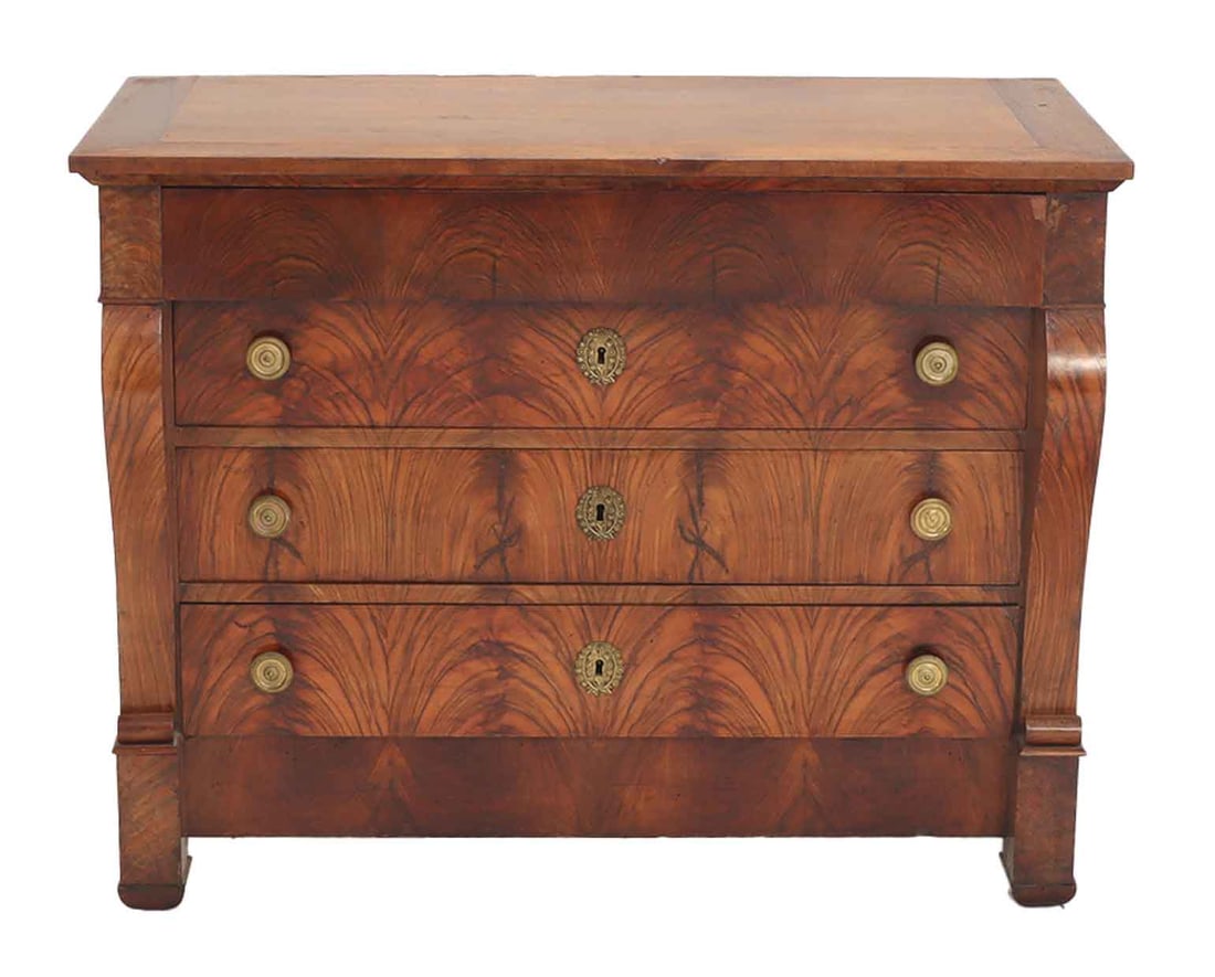 FRENCH NINETEETH CENTURY FIGURED WALNUT CHEST OF DRAWERS HAVING FOUR DRAWERS. (1 of 9)