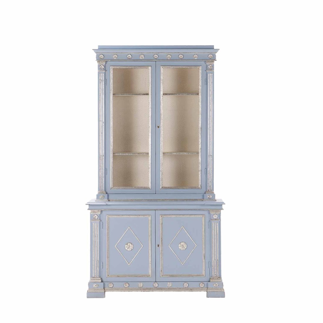 TWO PIECE NEO-CLASSICAL STYLE PAINTED CABINET C 1940 HAVING TWO OVER TWO CONFIGURATION. (1 of 8)