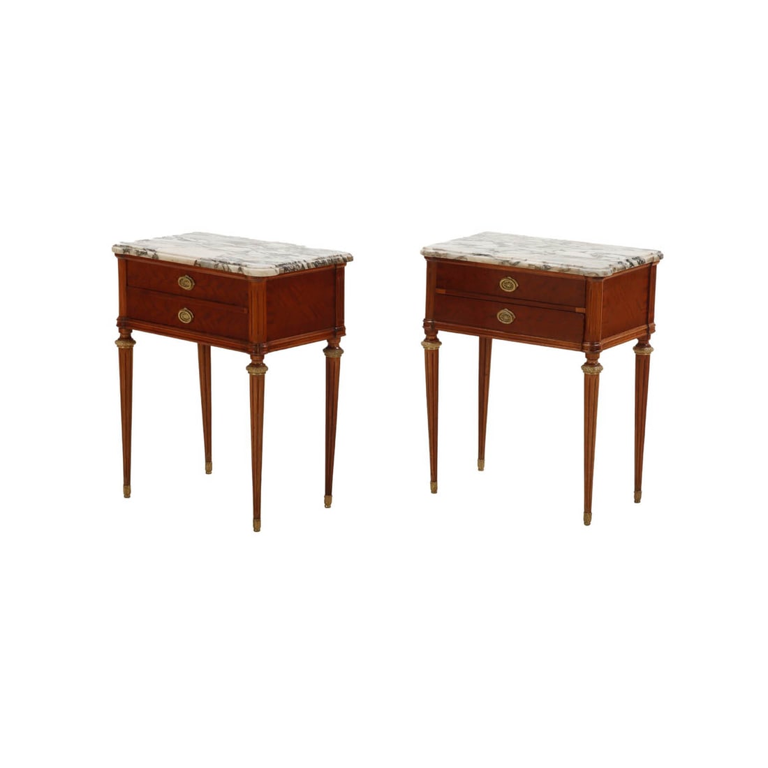 PAIR MAHOGANY LOUIS XVI STYLE MARBLE TOP NIGHT STANDS HAVING BRONZE MOUNTS C 1950. (1 of 5)