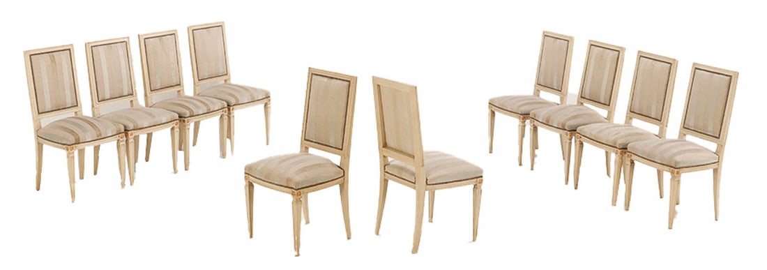 TEN LOUIS XIV STYLE PAINTED AND GILT DINING CHAIRS C 1940 WITH NEW FABRIC.: Ten Louis XIV style painted and gilt dining chairs C 1940 with new fabric. Ht: 36.75" Wd: 18" Dpth: 19.5" Seat: 18.5"