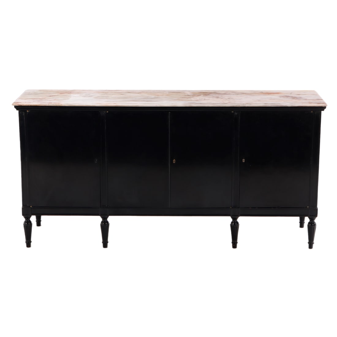 EBONIZED LOUIS XVI STYLE FOUR DOOR SIDEBOARD WITH MARBLE TOP C 1940.: Ebonized Louis XVI style four door sideboard with marble top C 1940. Ht: 40.5" Wd: 82.5" Dpth: 22.5"