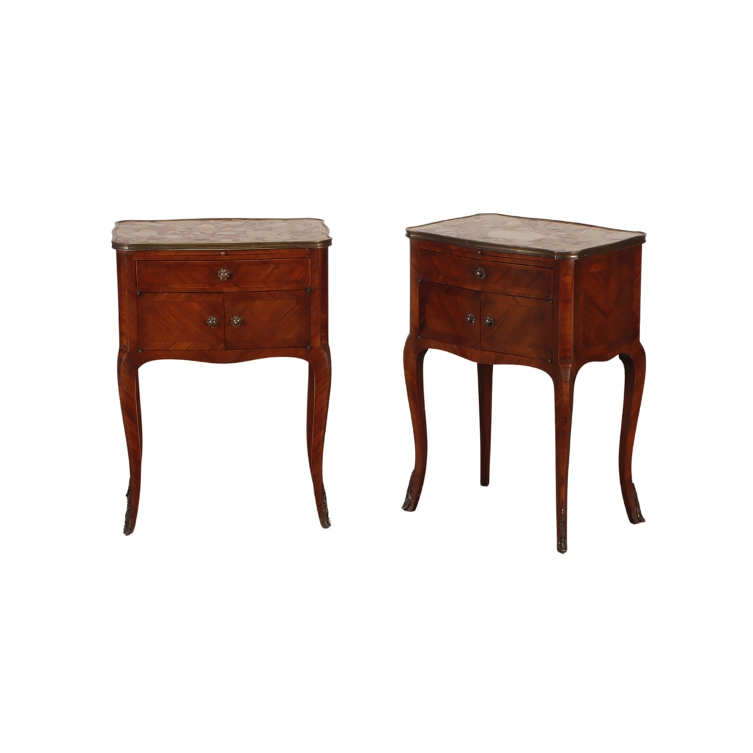 PAIR OF KINGWOOD LOUIS XV STYLE MARBLE TOP TABLES HAVING LEATHER SLIDES OVER A SINGLE DRAWER C 1940 (1 of 9)