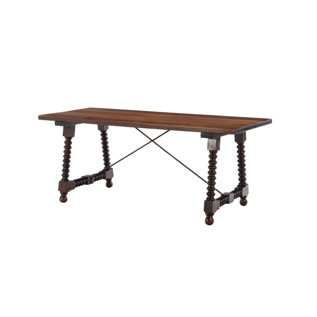 BRAZILIAN STYLE MAHOGANY LIBRARY OR DINING TABLE HAVING SPOOL TURNED LEGS & IRON STRETCHERS C 1940 (1 of 6)