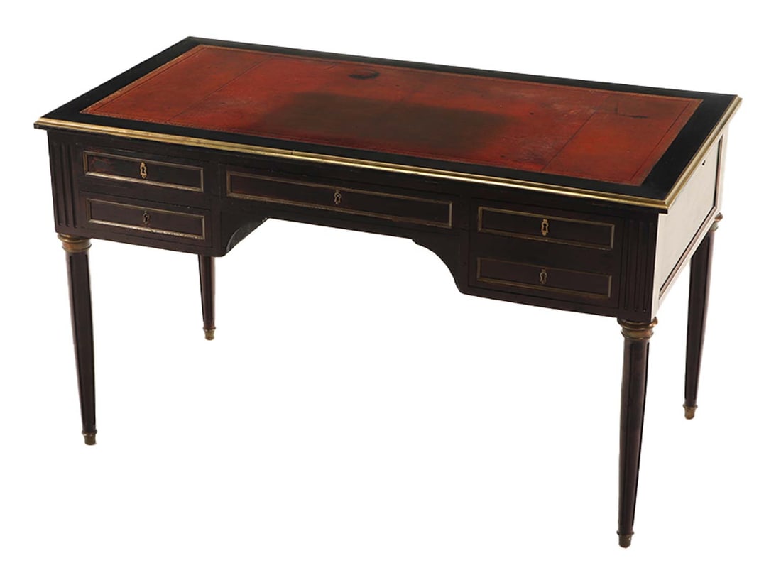 FRENCH LOUIS XVI STYLE EBONIZED LEATHER TOP WRITING DESK WITH BRONZE MOUNTS  C 1930 (1 of 6)