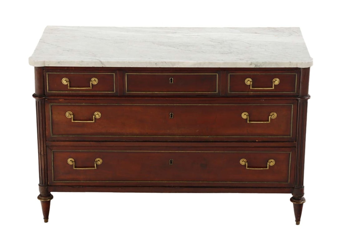 FRENCH NINETEENTH CENTURY MAHOGANY THREE DRAWER MARBLE TOP COMMODE HAVING BRONZE TRIM AND TURNED (1 of 6)