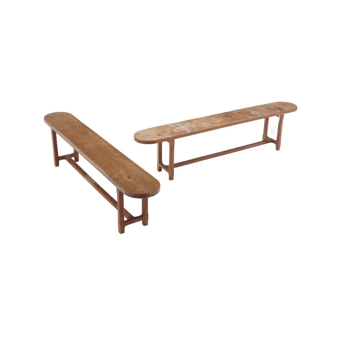 PAIR FRENCH OAK BENCHES WITH ROUNDED ENDS AND CHAMFERED CORNERS C 1920. (1 of 7)