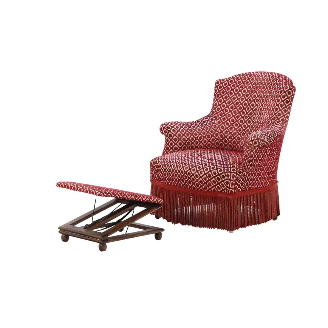 FRENCH NAPOLEON III CHAIR WITH FRINGE AND TUCK AWAY ADJUSTABLE FOOTSTOOL C 1880. (1 of 10)