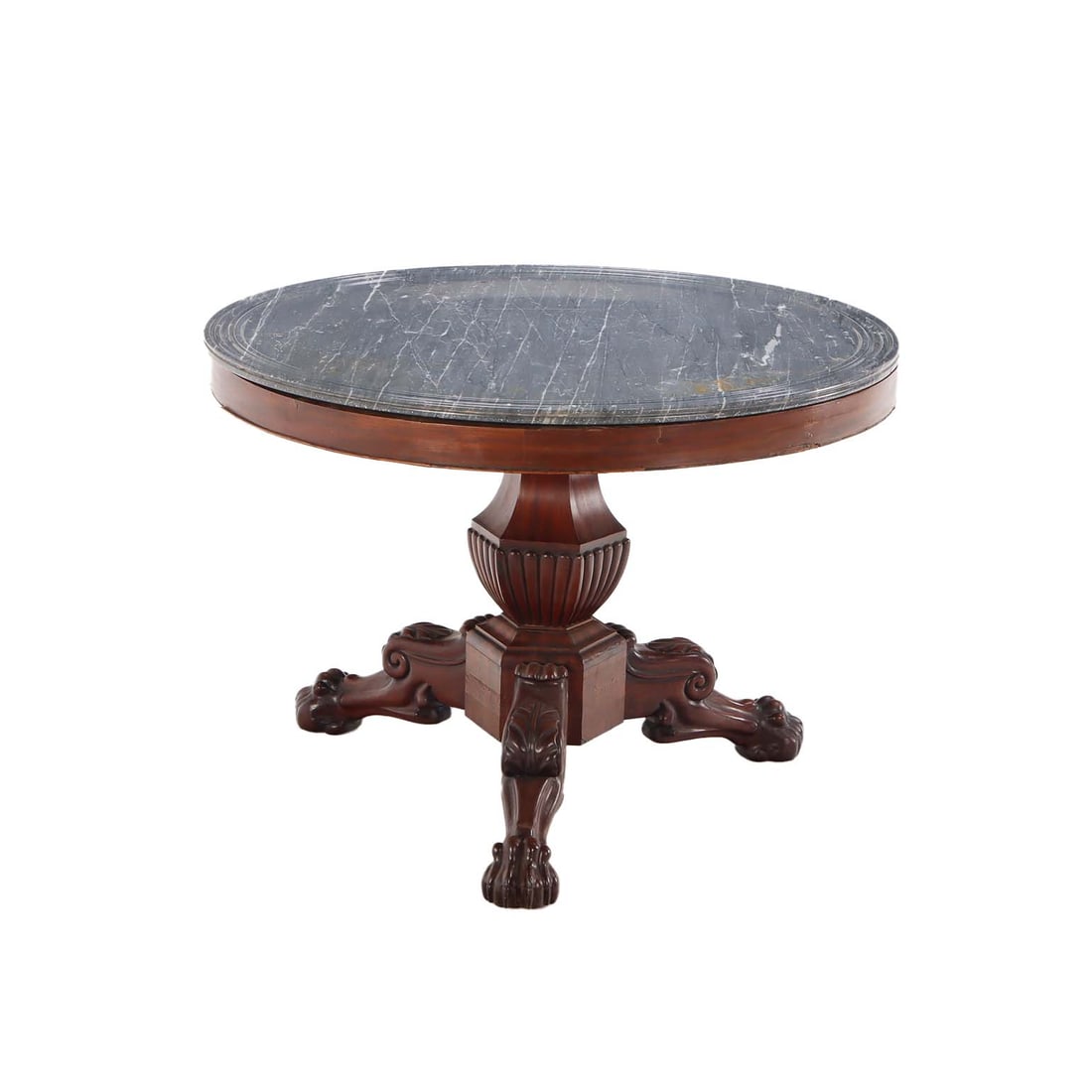 FRENCH EMPIRE MAHOGANY CENTER TABLE WITH CLAW FEET AND A GREY MARBLE TOP HAVING A CARVED EDGE C (1 of 6)