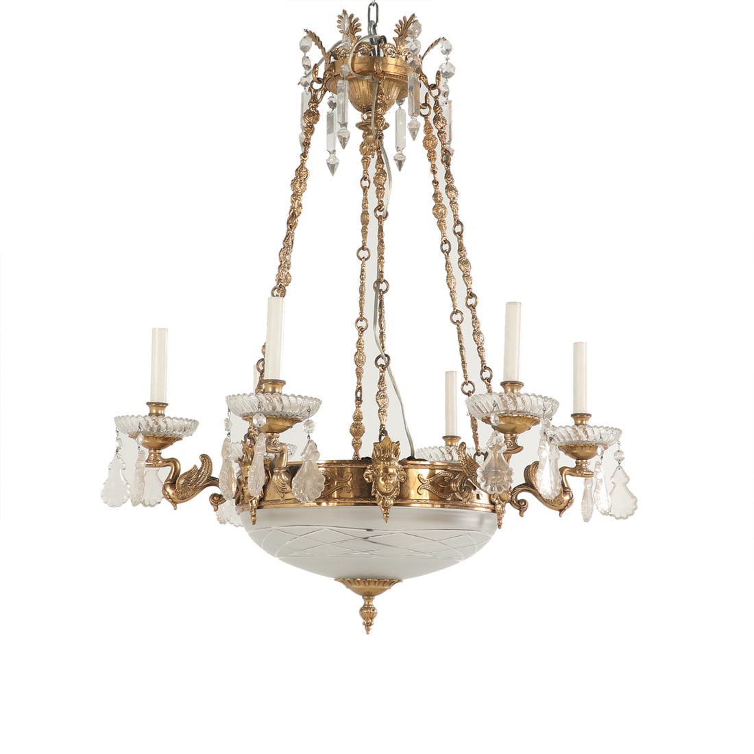 REGENCY STYLE BRASS AND GLASS CHANDELIER HAVING SWAN AND FEMALE MASK DECORATION. (1 of 8)