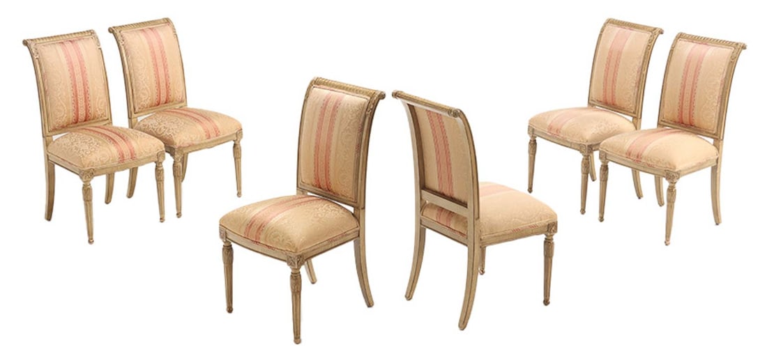 SIX LARGE SCALE PAINTED LOUIS XVI STYLE DINING ROOM CHAIRS. (1 of 6)