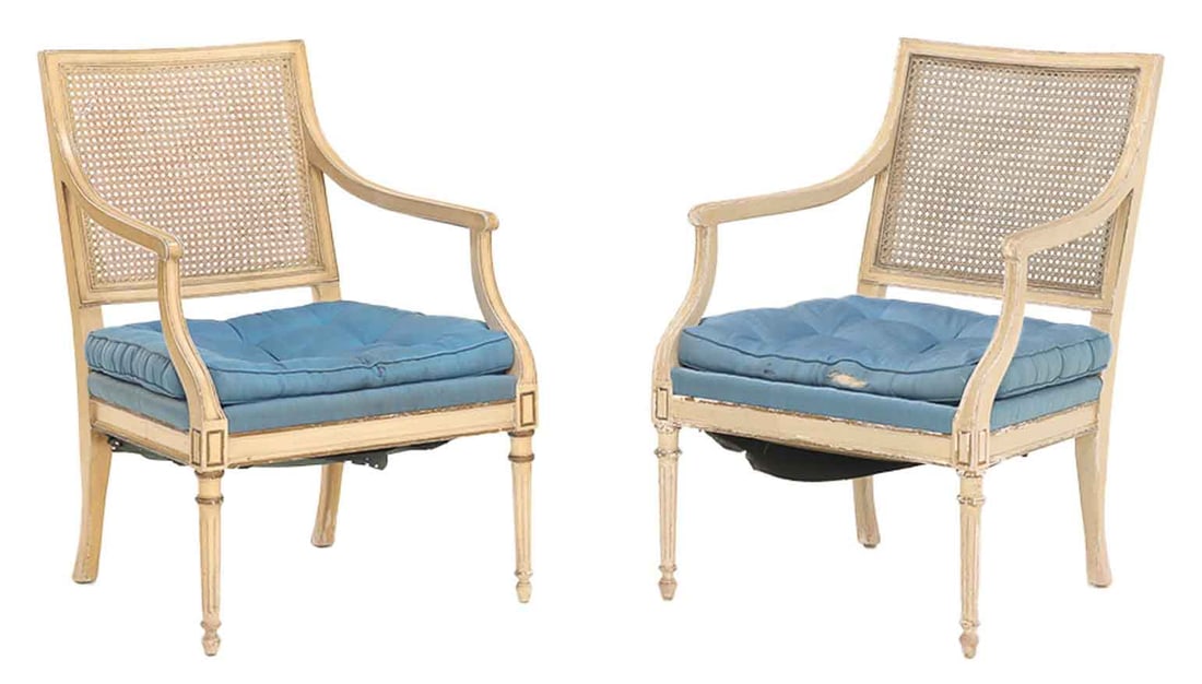 PAIR PAINTED LOUIS XVI STYLE OPEN ARM CHAIRS WITH CANE BACK C 1950. (1 of 6)