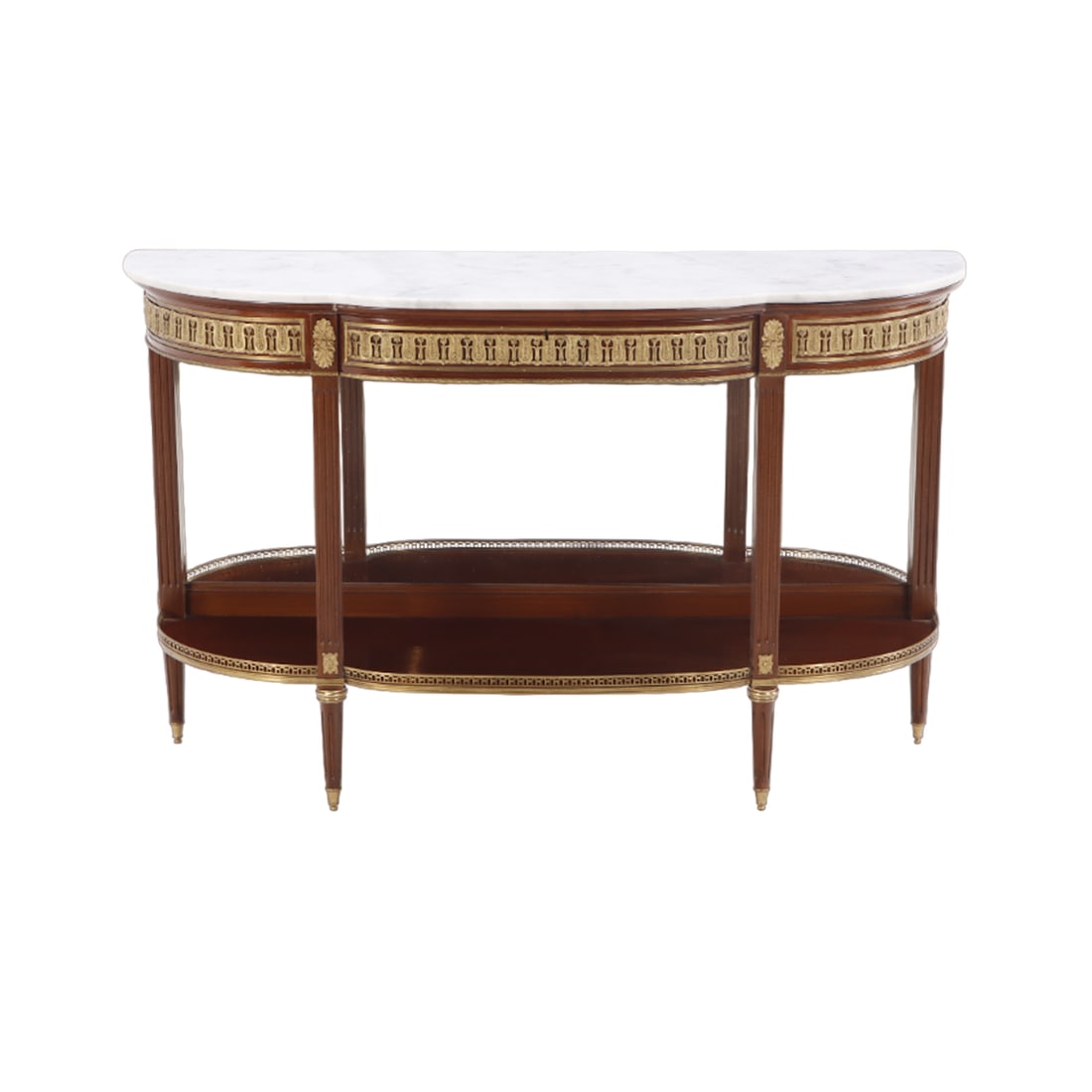 MAHOGANY BRONZE MOUNTED LOUIS XV STYLE DEMI-LUNE MARBLE TOP SERVER. (1 of 6)
