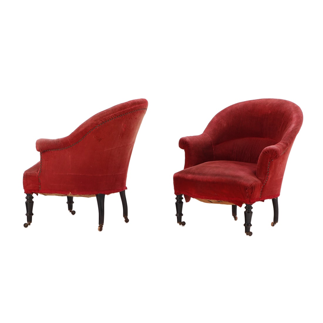 PAIR NAPOLEON III TUB CHAIRS RAISED ON EBONIZED TURNED LEGS C 1870. (1 of 6)