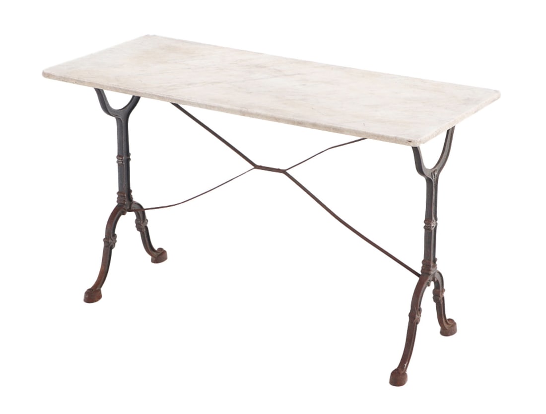 FRENCH CAST IRON MARBLE TOP BISTRO TABLE WITH RECTANGULAR TOP. (1 of 5)