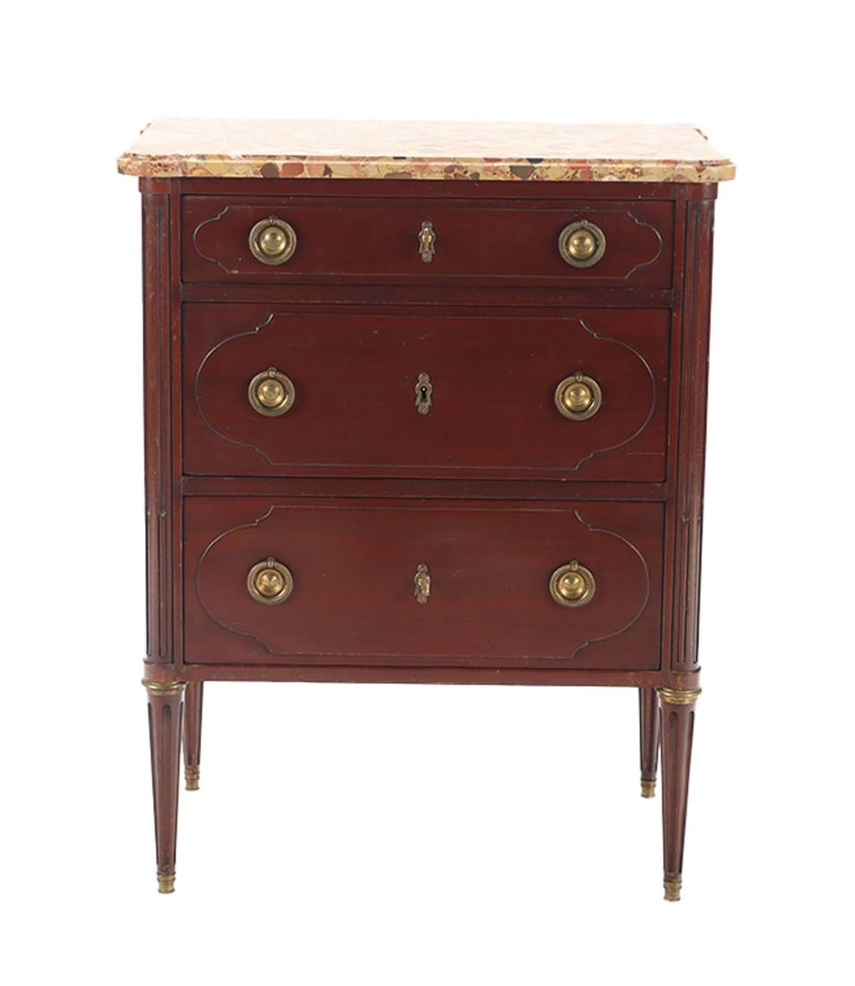 FRENCH MAHOGANY LOUIS XVI STYLE PETITE MARBLE TOP COMMODE C 1920. (1 of 8)