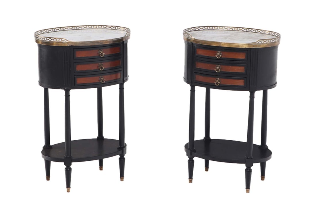 PAIR OVAL PARTIAL EBONIZED MAHOGANY MARBLE TOP OVAL END TABLES WITH BRONZE GALLERY C 1940. (1 of 8)