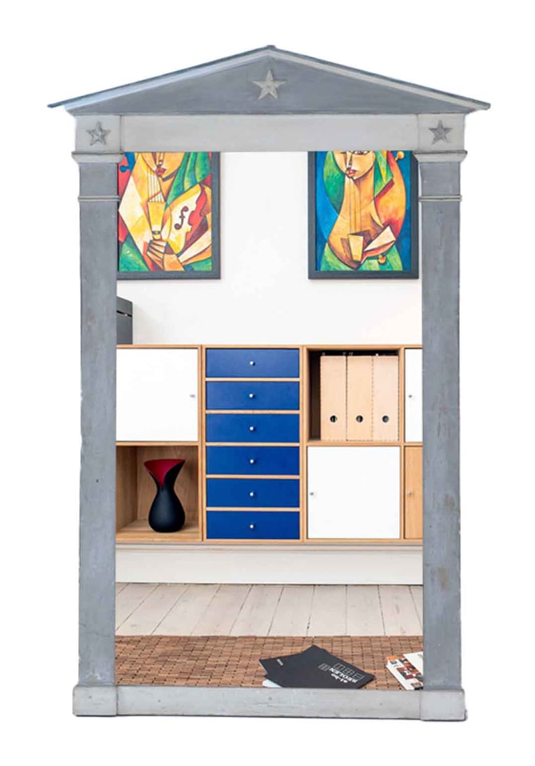 FRENCH PAINTED MIRROR WITH PEAKED PEDIMENT AND STAR DESIGN C 1860. (1 of 7)