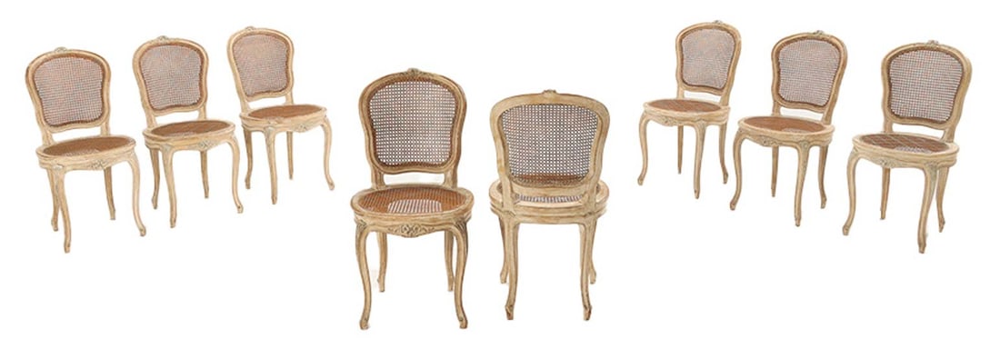 EIGHT FRENCH PAINTED AND CANE LOUIS XV STYLE DINING CHAIRS C 1900. (1 of 9)