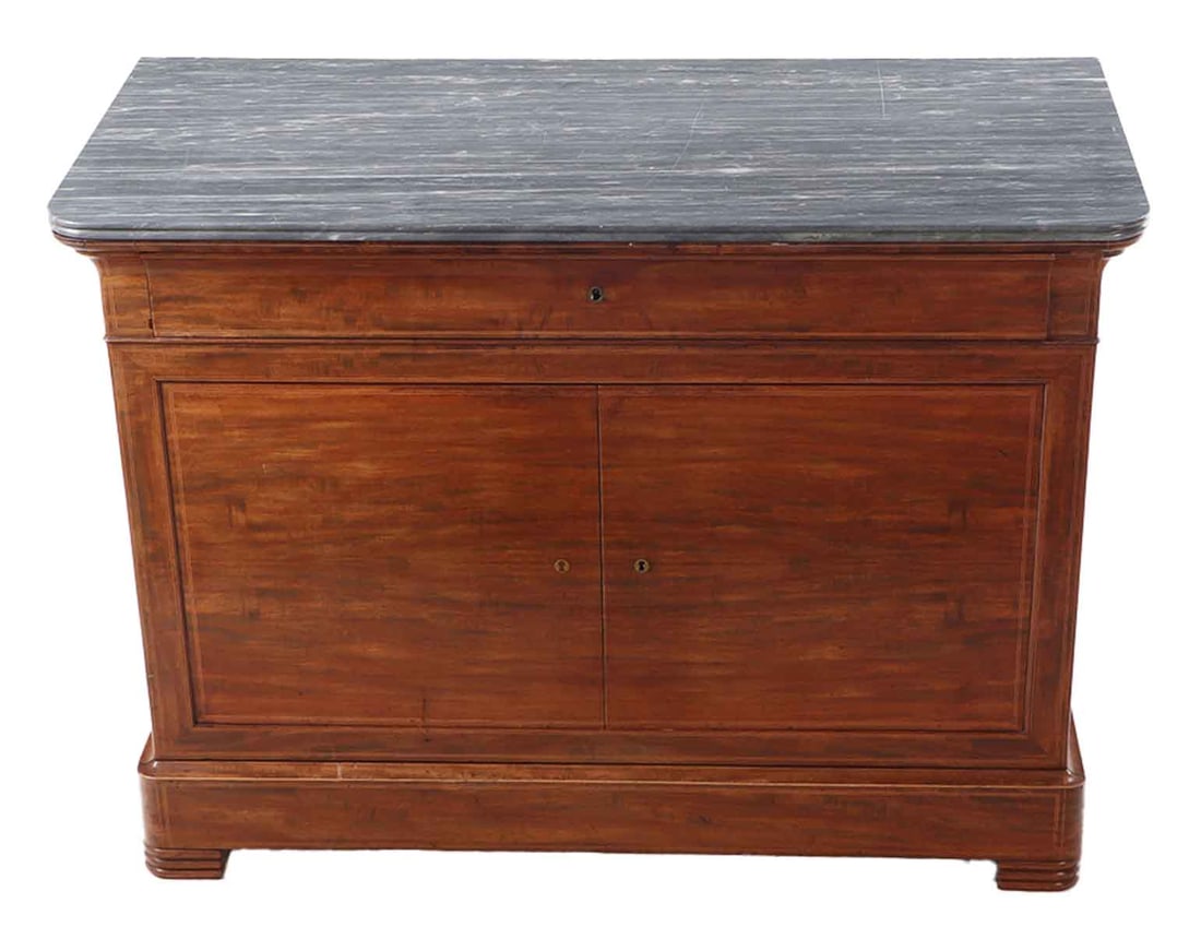 FRENCH RESTORATION RIBBON MAHOGANY MARBLE DRESSER  OR SERVER C 1830 HAVING A FALL FRONT DESK (1 of 10)