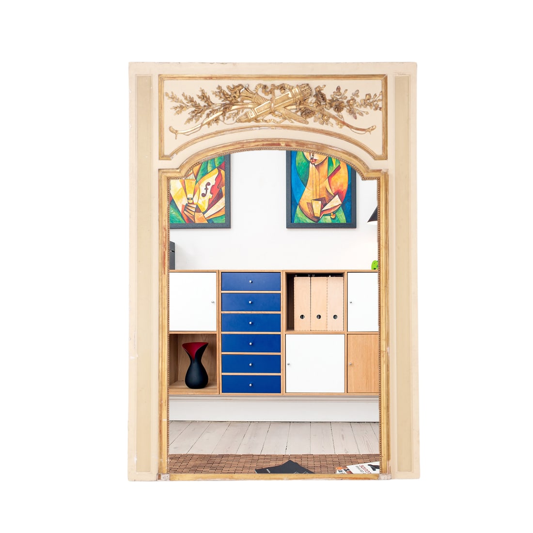 FRENCH GILTWOOD, GESSO AND PAINTED MIRROR WITH NICELY DETAILED CORNICE C 1900.: French giltwood, gesso and painted mirror with nicely detailed cornice C 1900. Ht: 79.25" Wd: 55"