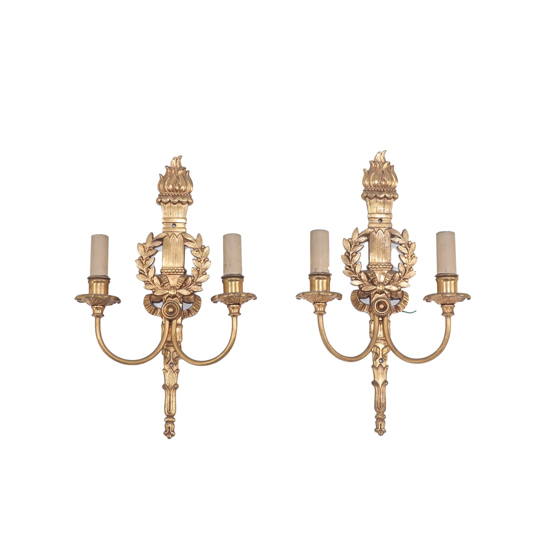 PAIR OF FRENCH BRONZE TWO ARM SCONCES WITH WREATH DESIGN C 1910. (1 of 6)
