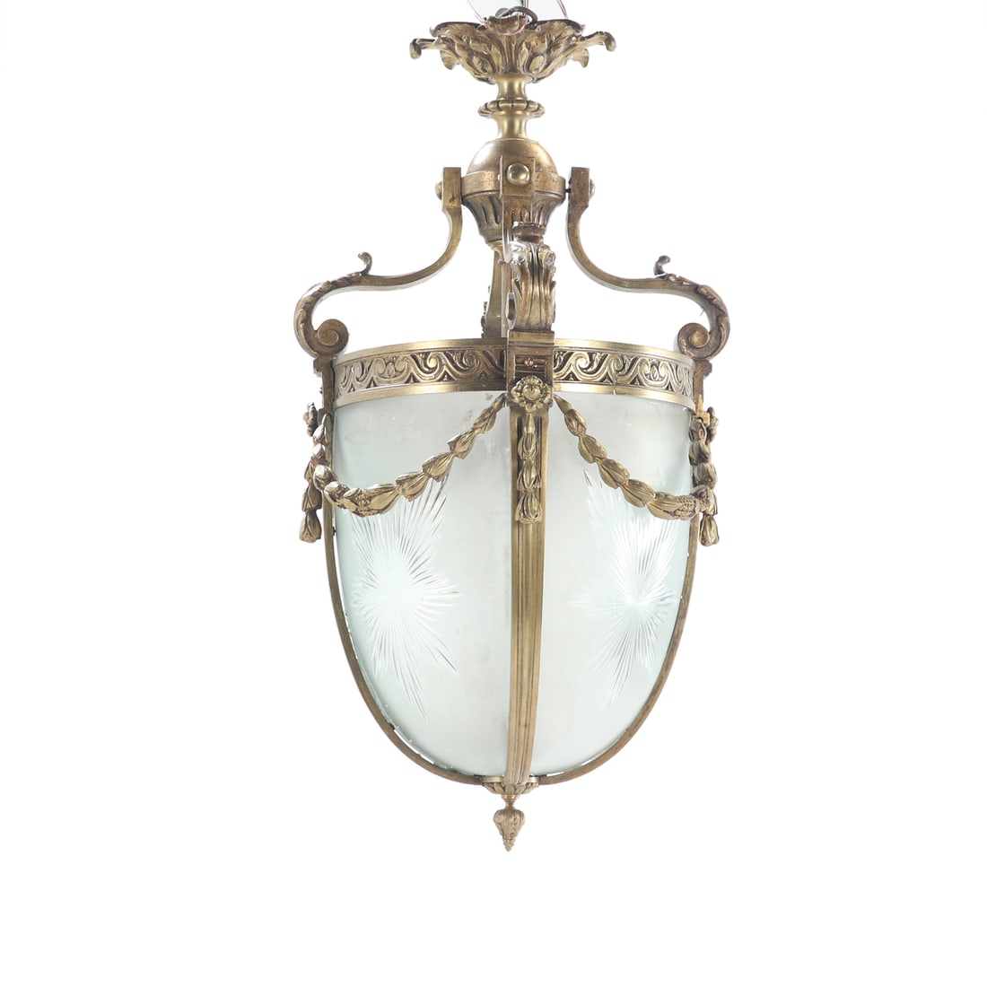 BRONZE LANTERN HAVING CURVED AND ETCHED GLASS PANELS C 1920. (1 of 5)