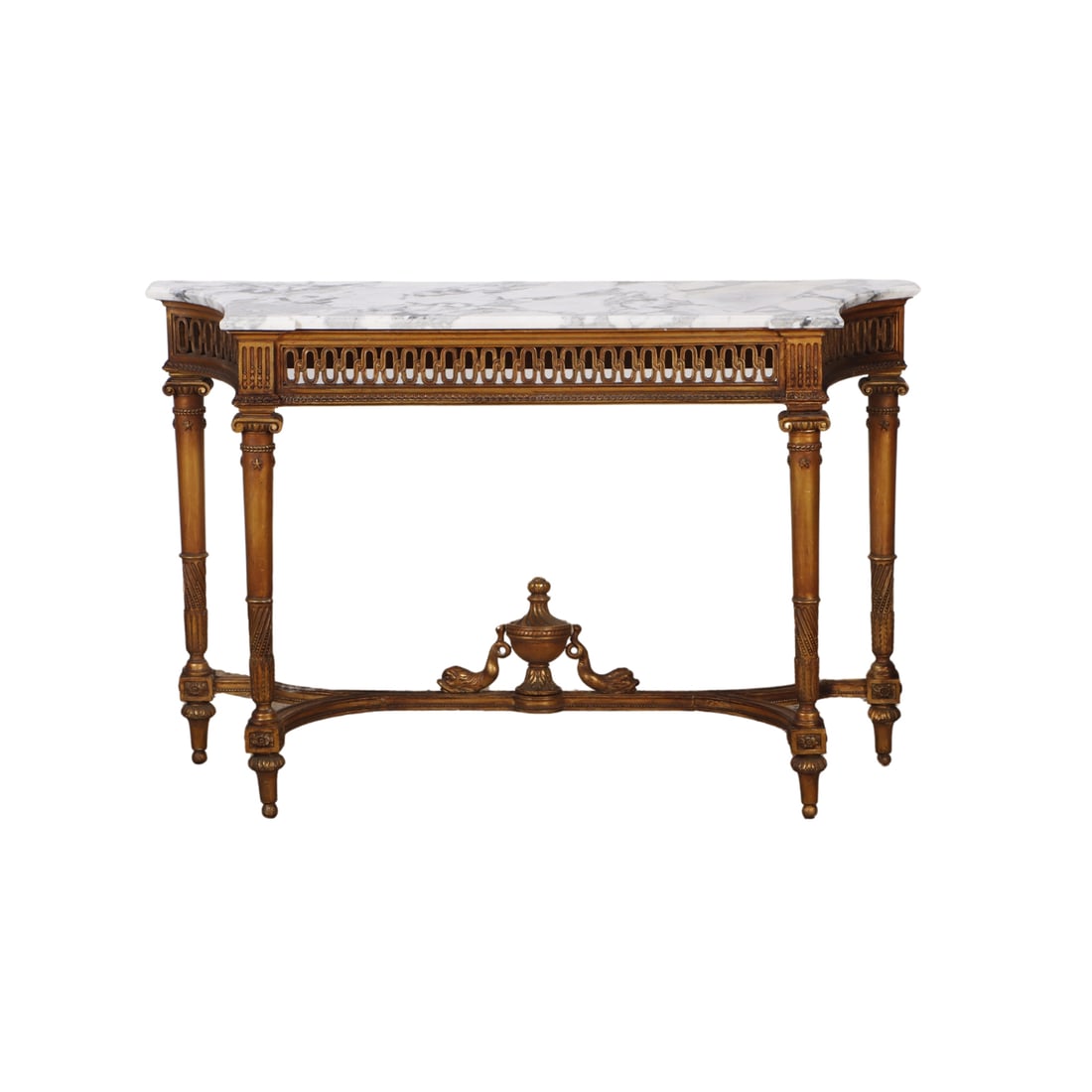 GILTWOOD REGENCY STYLE MARBLE TOP CONSOLE TABLE HAVING PIERCED SKIRT AND URN FINIAL C 1920. (1 of 6)