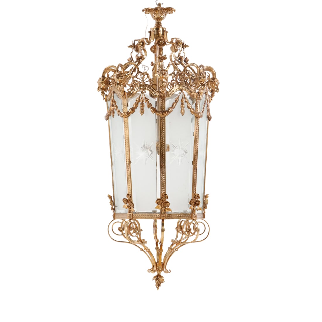 GRAND BRASS LANTERN IN THE LOUIS XV STYLE HAVING ETCHED  GLASS AND RAMS HEAD DECORATION. (1 of 6)