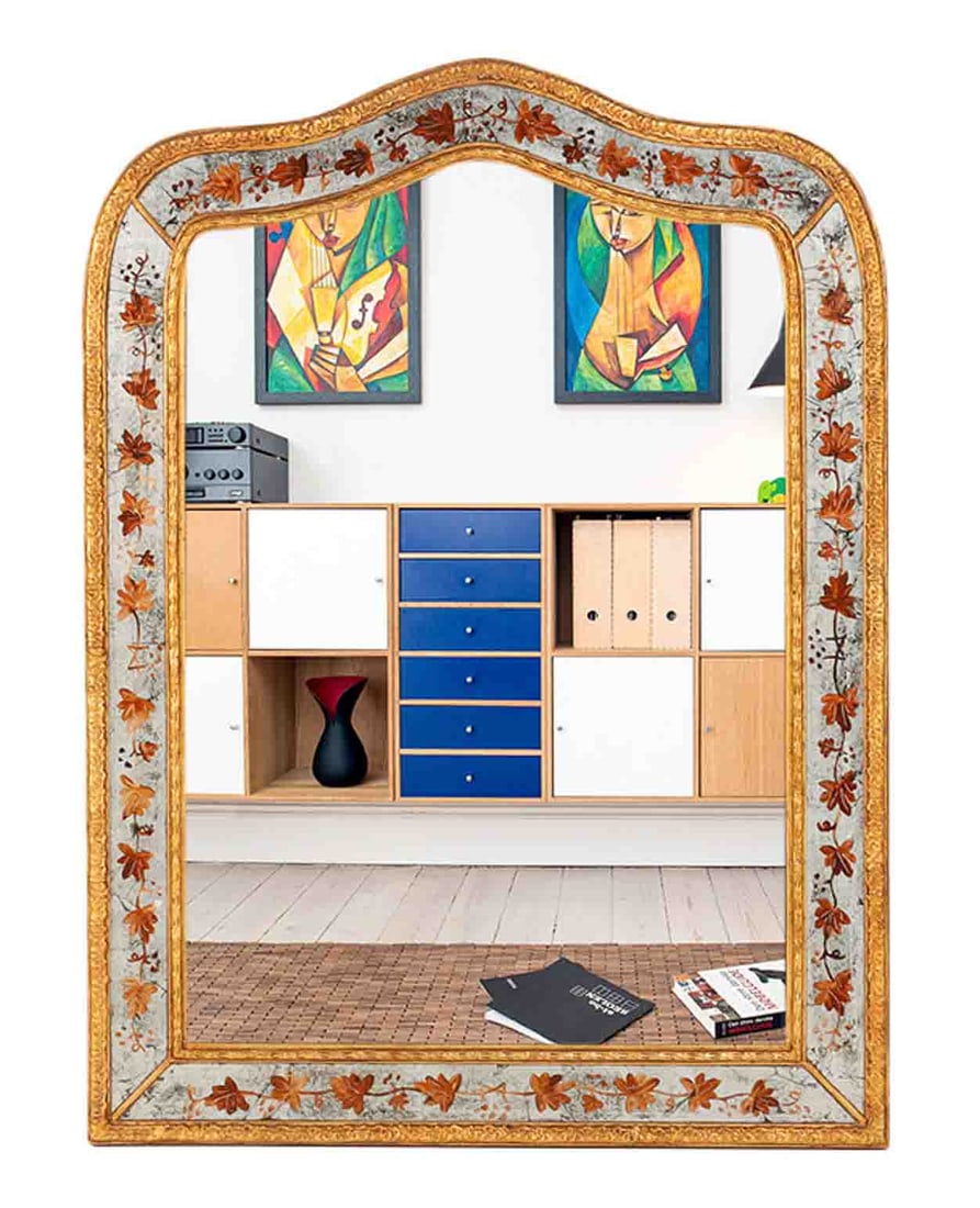 EGLOMISE DECORATED ARCHED TOP MIRROR BY JANSEN C 1950. (1 of 7)