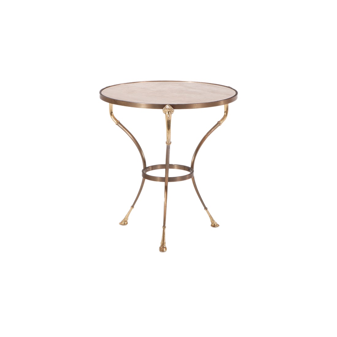 BRASS AND STEEL TRAVERTINE TOP GUERIDON TABLE MANNER OF JANSEN C 1950. (1 of 6)