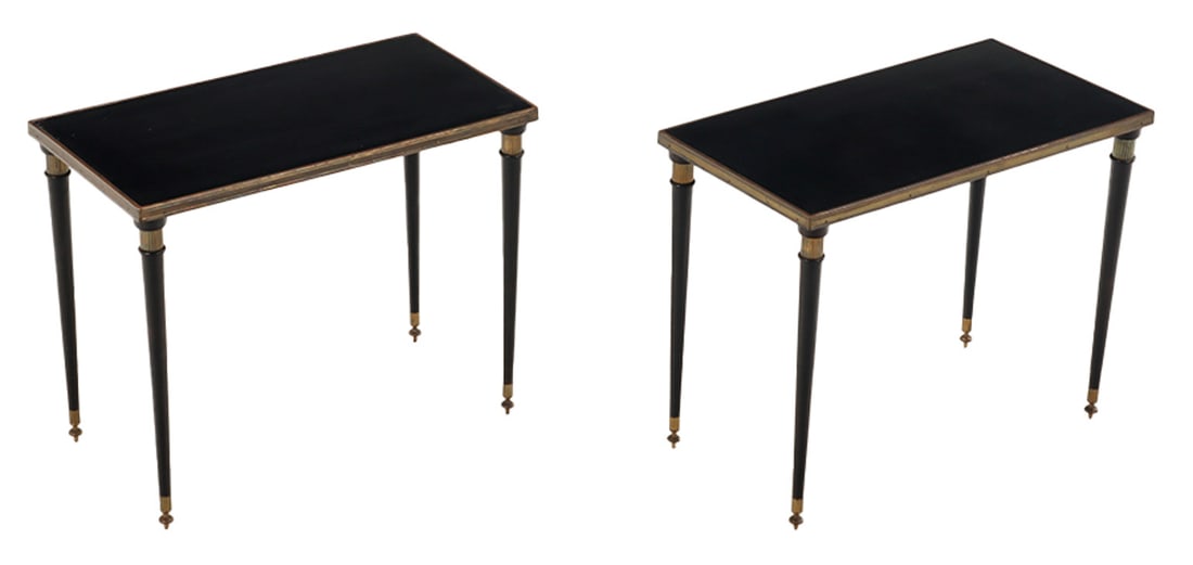 PAIR OF EBONIZED WOOD AND BRASS MOUNTED FRENCH END TABLES IN THE MANNER OF JANSEN C 1940. (1 of 6)