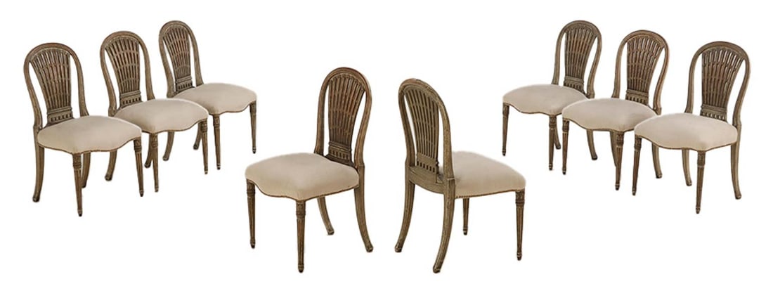 EIGHT PAINTED DINING CHAIRS BY JANSEN HAVING A SHAPED SEAT AND PIERCED BACK C 1940. (1 of 6)