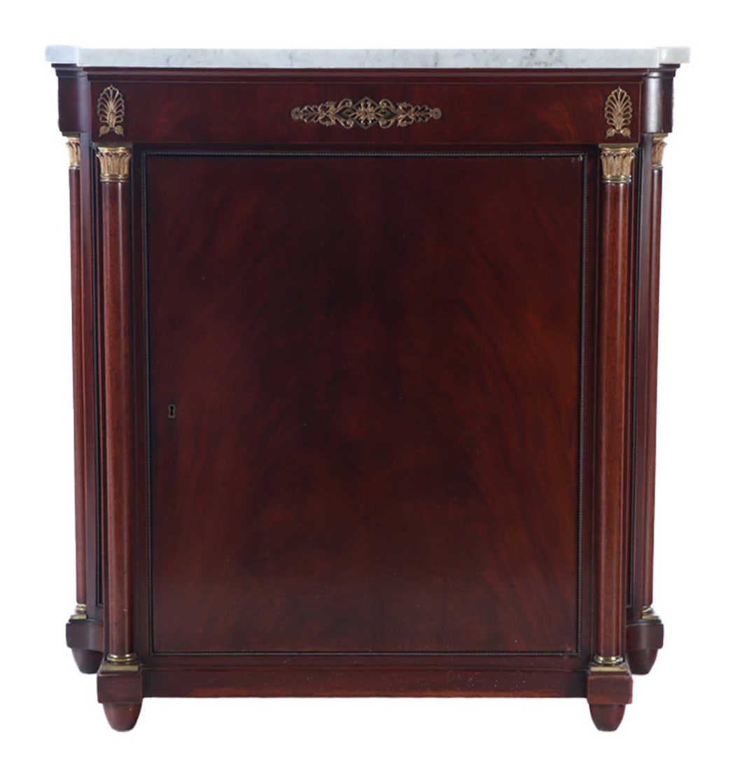MAHOGANY FRENCH EMPIRE STYLE BRONZE MOUNTED MARBLE TOP SERVER ATTRIBUTED TO NORDISKA C 1945. (1 of 8)