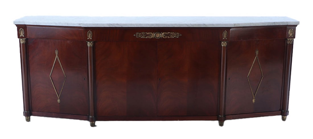 MAHOGANY FRENCH EMPIRE STYLE BRONZE MOUNTED MARBLE TOP SIDEBOARD ATTRIBUTED TO NORDISKA C 1945. (1 of 7)