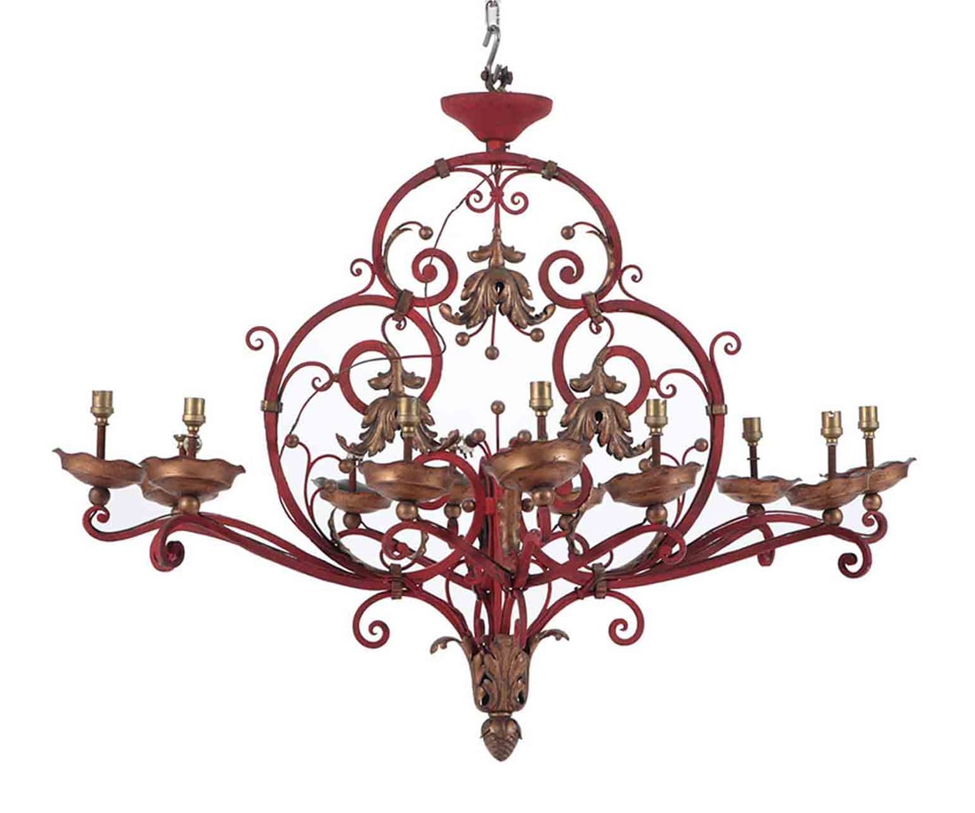 PAINTED AND GILT FRENCH IRON CHANDELIER HAVING TWELVE ARMS: Painted and gilt French iron chandelier having twelve arms C 1930. This item is not located at our Philadelphia gallery and is available for pickup at zip code 27260. Ht: 32" Wd: 42" Dpth: 30"