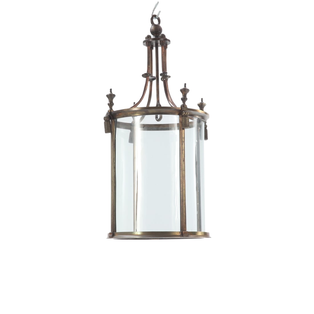 BRONZE AND CURVED GLASS LANTERN HAVING FINIAL AND TASSEL DECORATION C 1945. (1 of 4)