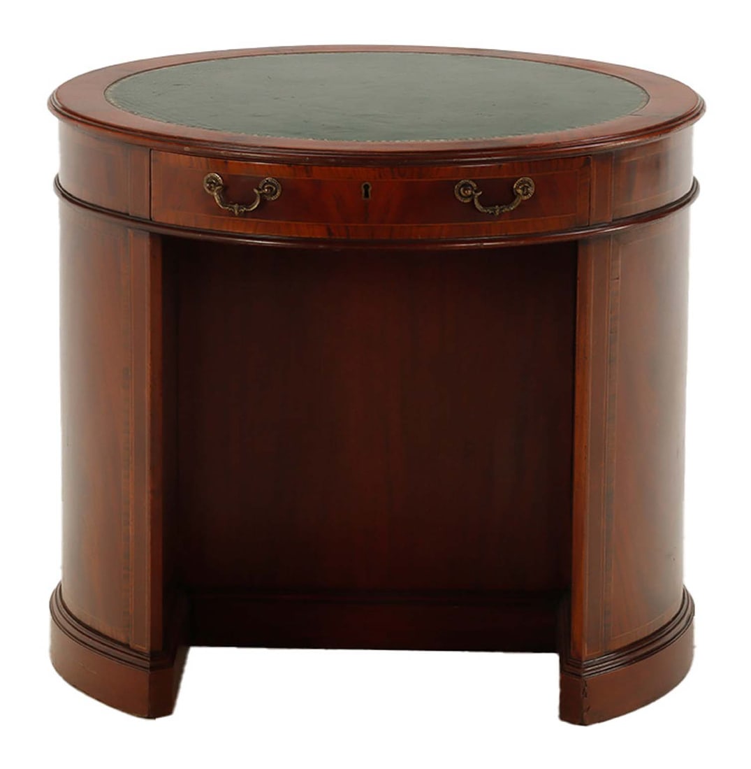 UNUSUAL ROUND INLAID MAHOGANY LEATHER TOP DESK OR END TABLE  HAVING A BOOKCASE ON THE BACK SIDE C (1 of 5)