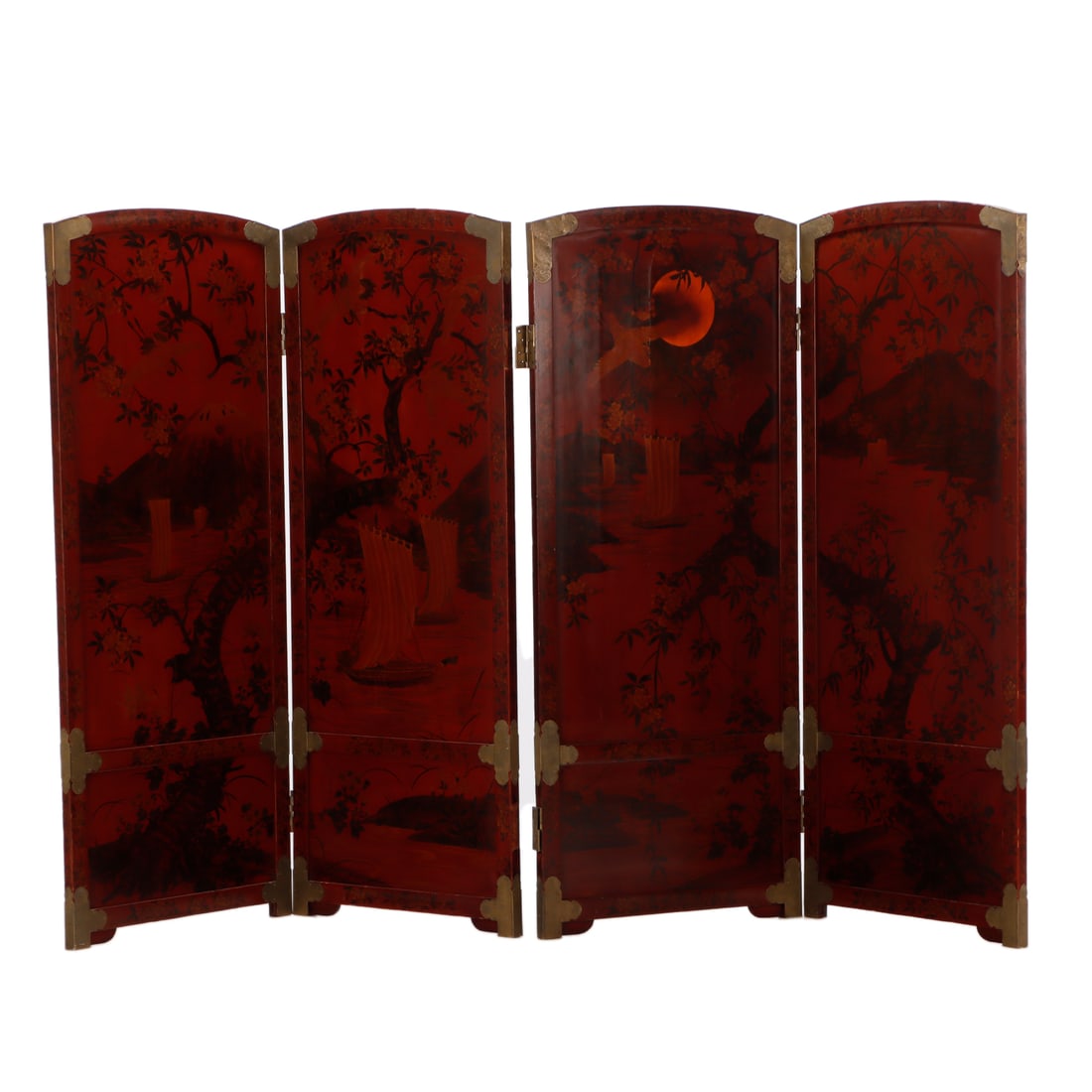 ASIAN FOUR PANEL LACQUERED WOOD SCREEN WITH BRASS MOUNTS. (1 of 7)