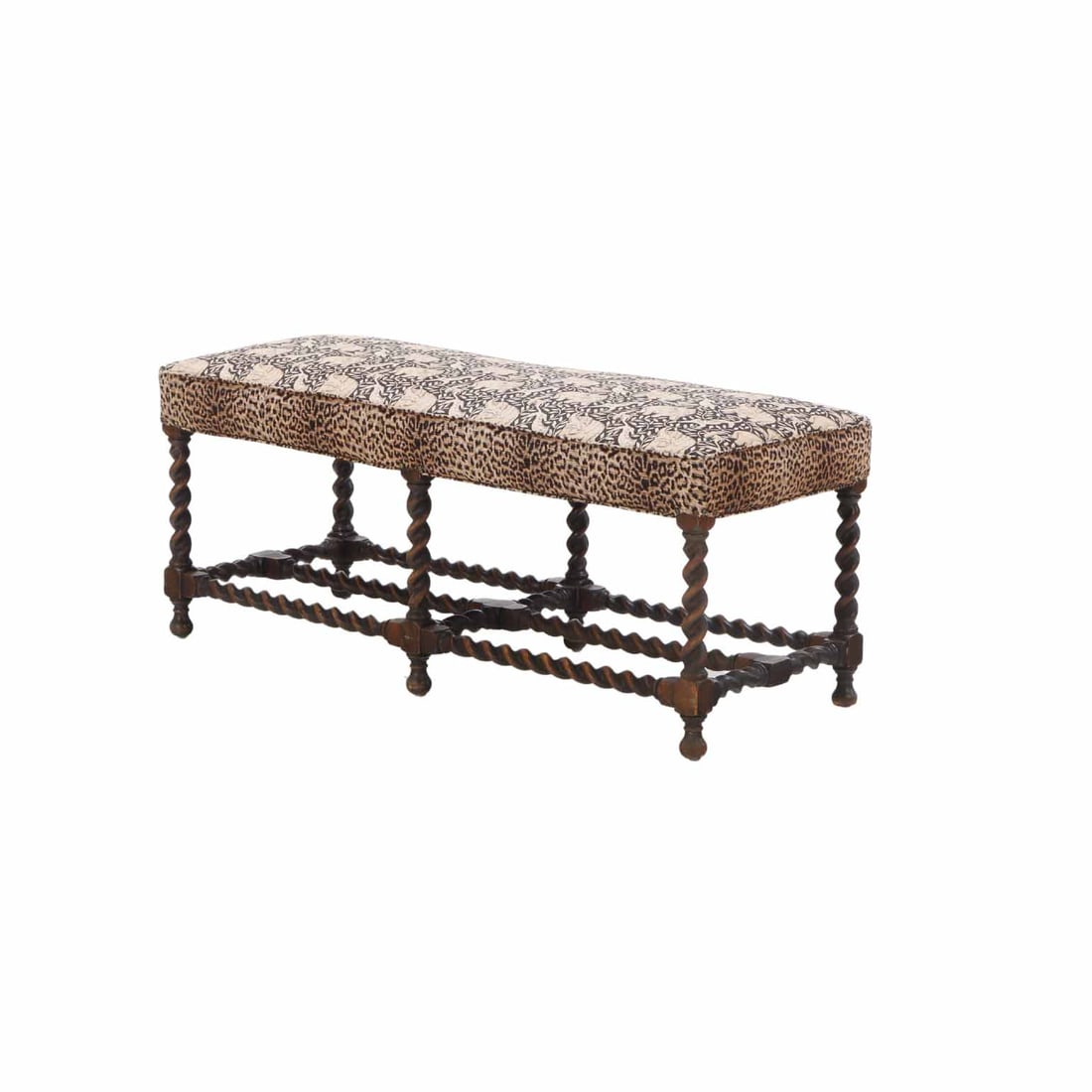 TUDOR STYLE UPHOLSTERED WINDOW BENCH WITH TRIPLE TWISTED STRETCHER C 1920. (1 of 7)