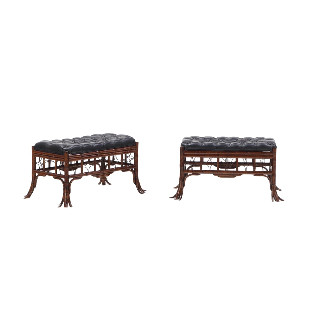 PAIR RATTAN BENCHES WITH LEATHER UPHOLSTERY (1 of 5)