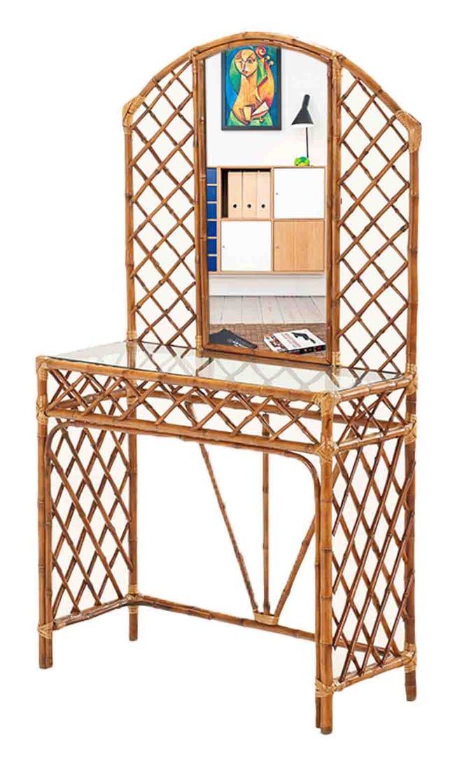 RATTAN CONSOLE TABLE WITH GLASS TOP AND MIRRORED BACK  C 1960. (1 of 6)