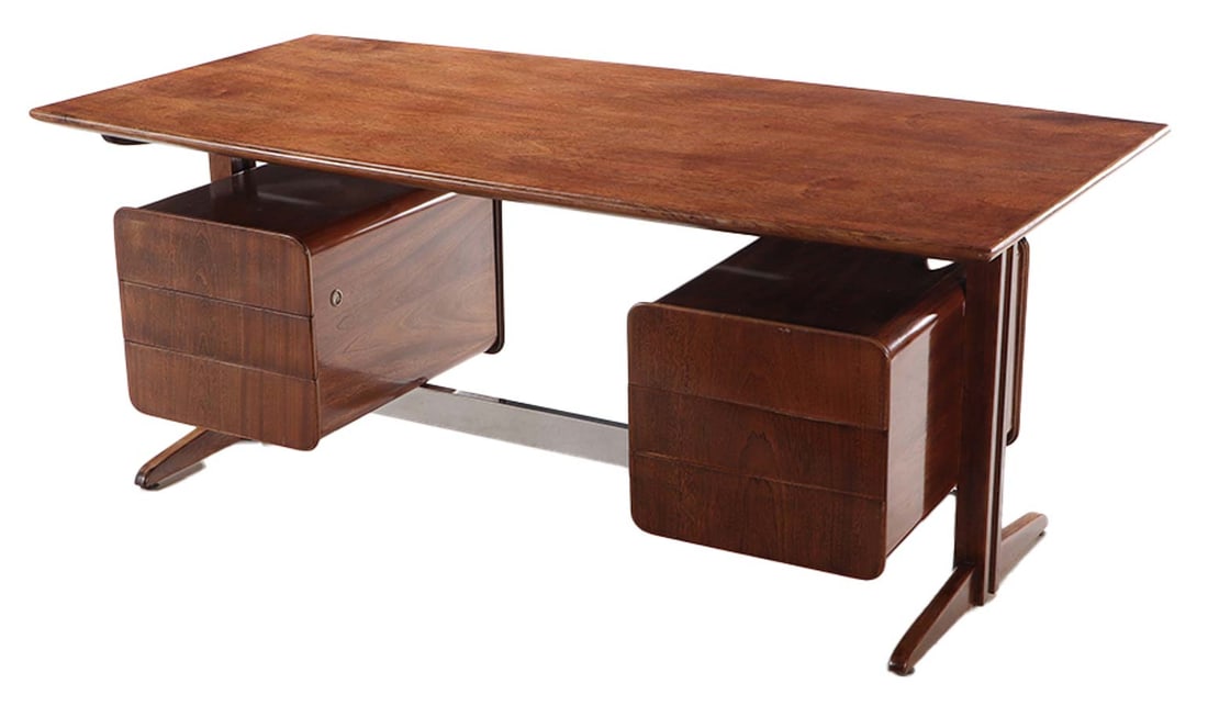 MAHOGANY AND CHROMED IRON EXECUTIVE DESK C 1965.: Mahogany and chromed iron executive desk C 1965. Kneehole 27" x 24.25" Ht: 29" Wd: 71" Dpth: 35.5"