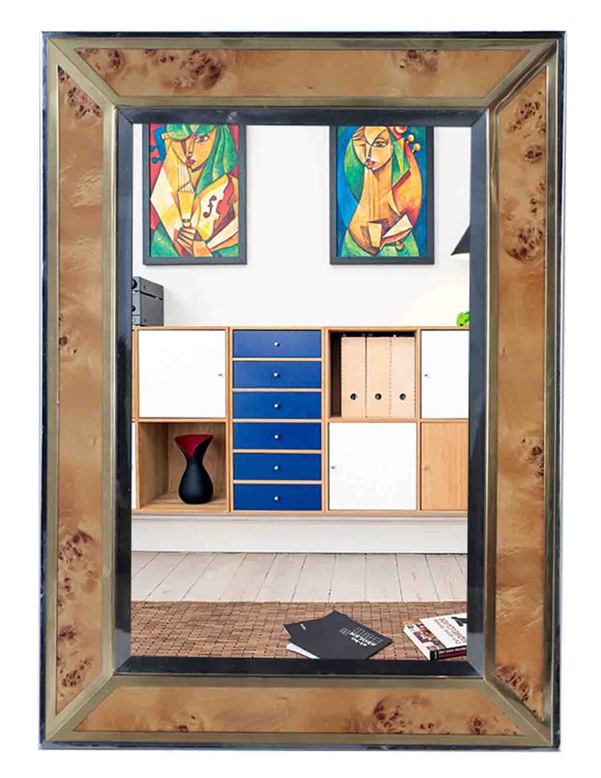 BURL WOOD AND BRASS ITALIAN WALL MIRROR C 1970. (1 of 5)