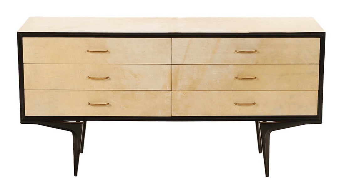 PARTIAL EBONIZED AND PARCHMENT COVERED DRESSER C 1950 RESTING ON SHAPED LEGS. (1 of 5)