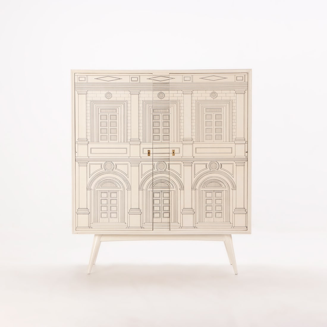 TWO DOOR BAR CABINET DECORATED IN THE MANNER OF FORNASETTI C 1960. CASE HAVING ARCHITECTURAL (1 of 6)