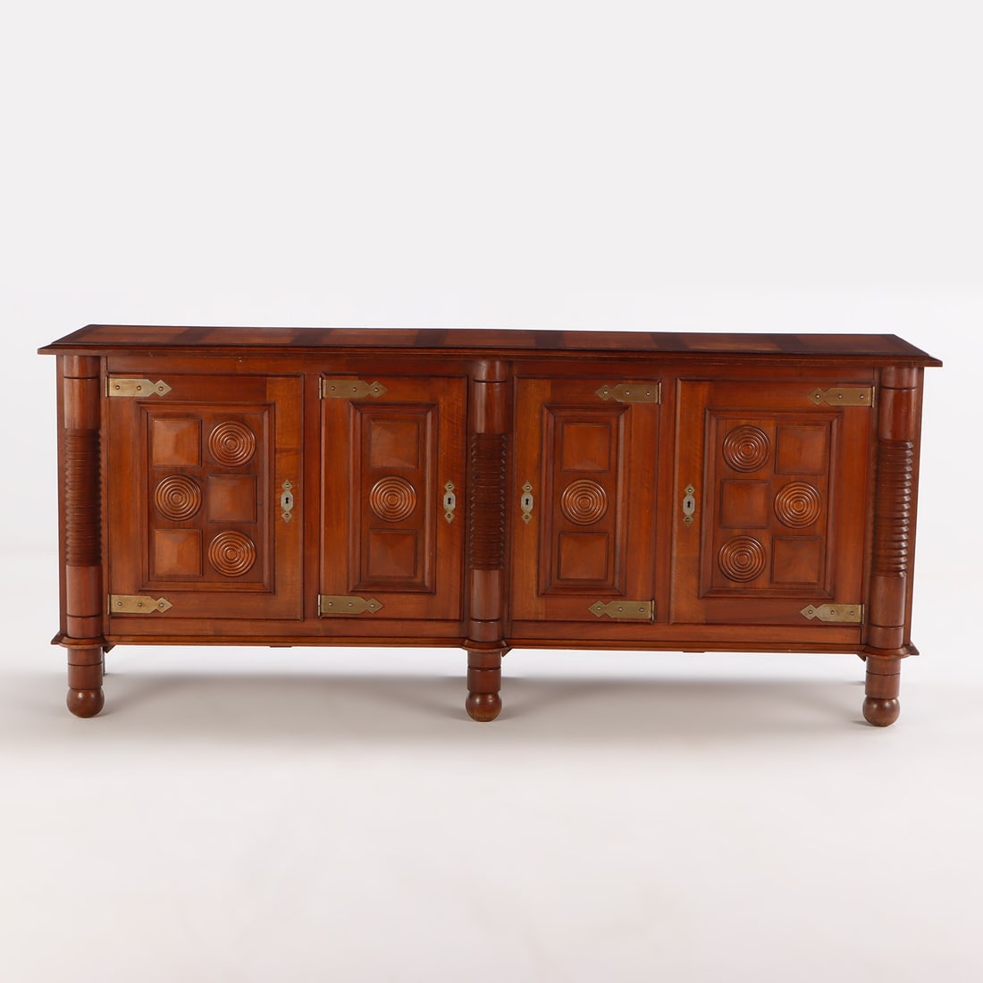 FRENCH WALNUT SIDEBOARD MANNER OF     CHARLES DUDOUYT HAVING CIRCULAR ELEMENTS AND BRASS STRAP (1 of 7)